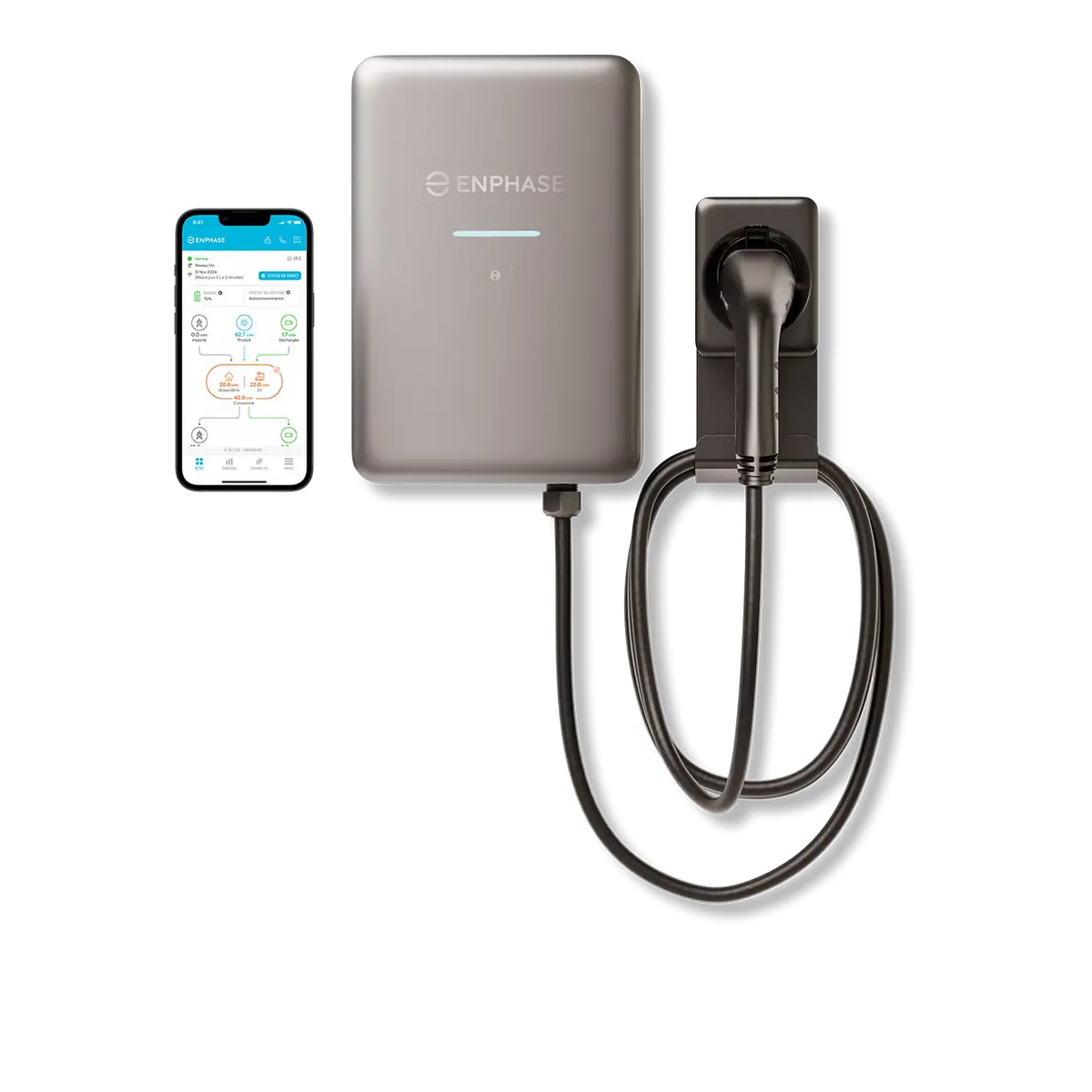 Chargeur Enphase, 22kW, monophasé, AC, Cable 7,5m, Type 2 fixed cable - 5 ans de garantie