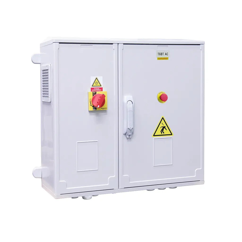 Coffret AC polyester IP 54 avec relai différentiel  et parafoudre AC pour onduleur Solis(80-100kW) (bridé à 160A), SE90K, SE100K - Poignée ext. latérale (protection Schneider)